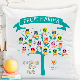 Cojín personalizado para profes "Árbol búhos"