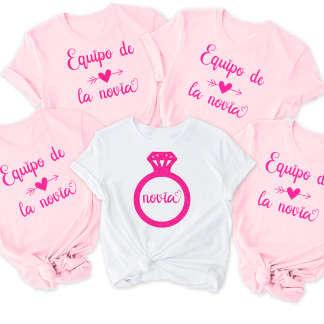 Pack camisetas despedida de soltera “Novia y equipo de la novia” rosa glitter